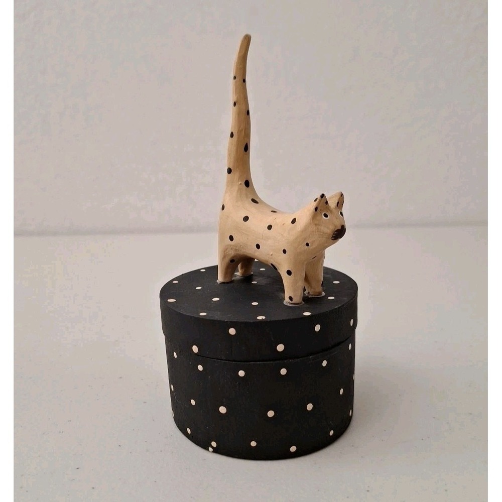Wooden Primitive Folk Art Hand Painted Long Tail Cat Ring Holder Jewelry Box 7"